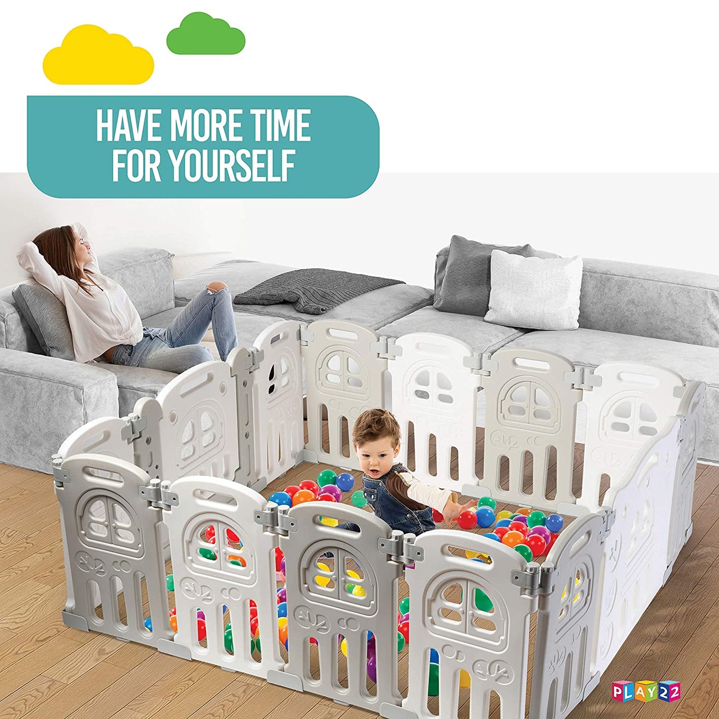 Play22 Foldable Baby Playpen 14 Panel - Kids Safety Activity Play Center - Safety Play Yard Play Pens for Babies - Safety Gates for Indoor and Outdoor Play - Adjustable Shape - BPA FREE