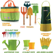 Load image into Gallery viewer, Play22 Kids Gardening Tool Set 12 PCS - Kids Gardening Tools Shovel Rake Fork Trowel Apron Gloves Watering Can and Tote Bag, Toddler Gardening Tools for Kids Best Outdoor Toys Gift for Boys and Girls
