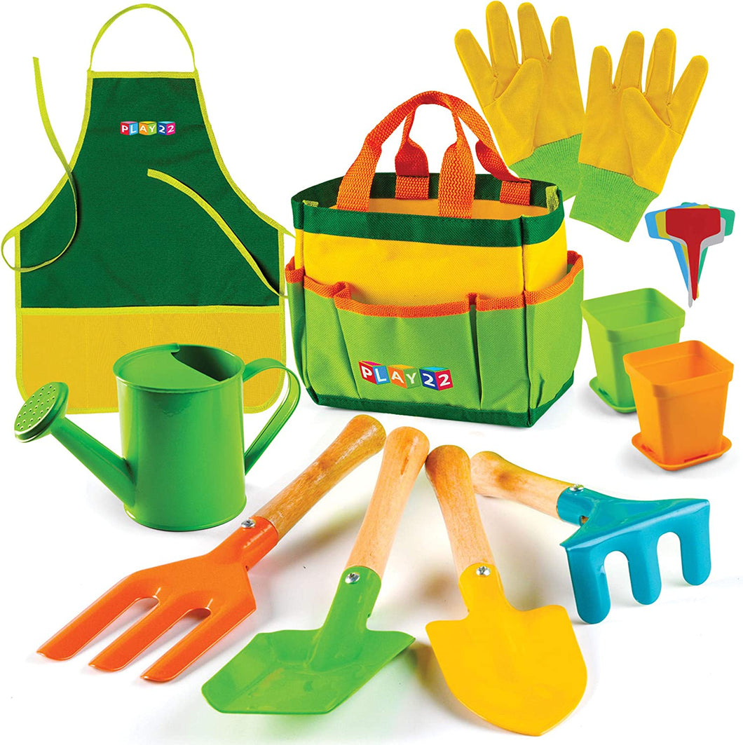 Play22 Kids Gardening Tool Set 12 PCS - Kids Gardening Tools Shovel Rake Fork Trowel Apron Gloves Watering Can and Tote Bag, Toddler Gardening Tools for Kids Best Outdoor Toys Gift for Boys and Girls
