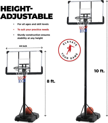 Portable Basketball Hoop Outdoor 10 ft Adjustable - 44in Shatterproof Backboard - Basketball Goal System 8-10 ft Adjustable Basketball Hoop for Kids/Adults Indoor Outdoor Weatherproof Fillable Base