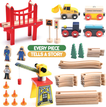 Wooden Train Set Toddler Toys 38 Pcs Wood Train Track Set for