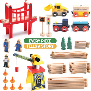 Wooden Train Set Toddler Toys - 38 Pcs Wood Train Track Set for Toddlers 2-4 Years with Crane, Bridge & Accessories - Compatible with All Major Brands