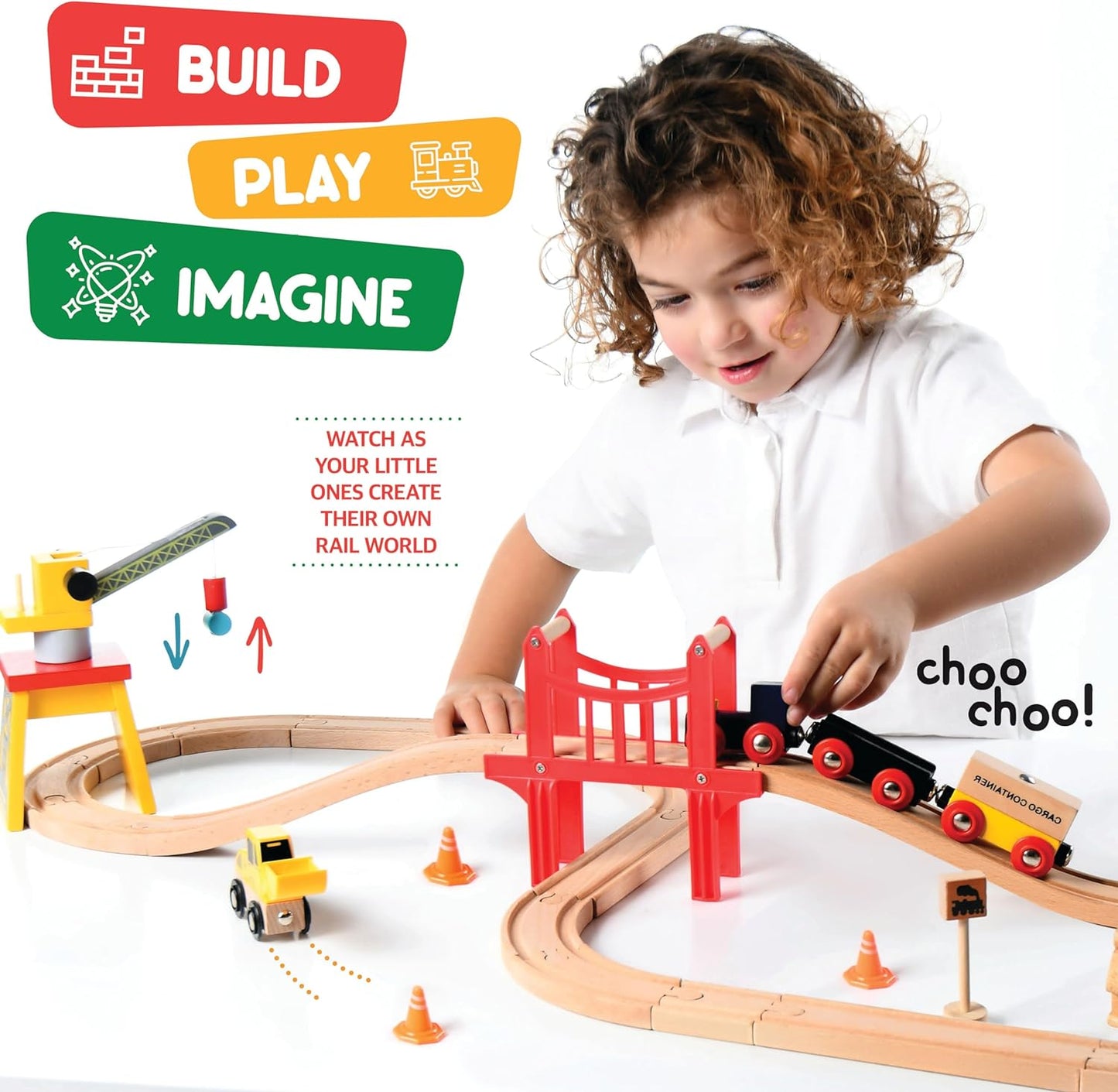 Wooden Train Set Toddler Toys - 38 Pcs Wood Train Track Set for Toddlers 2-4 Years with Crane, Bridge & Accessories - Compatible with All Major Brands