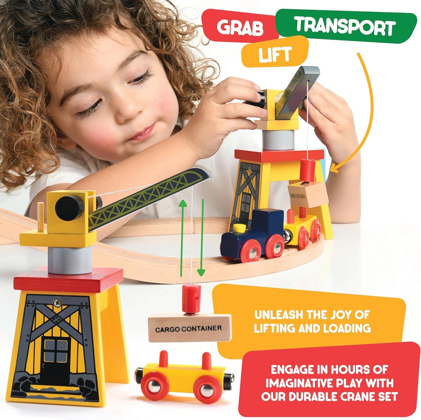 Wooden Train Set Toddler Toys - 38 Pcs Wood Train Track Set for Toddlers 2-4 Years with Crane, Bridge & Accessories - Compatible with All Major Brands