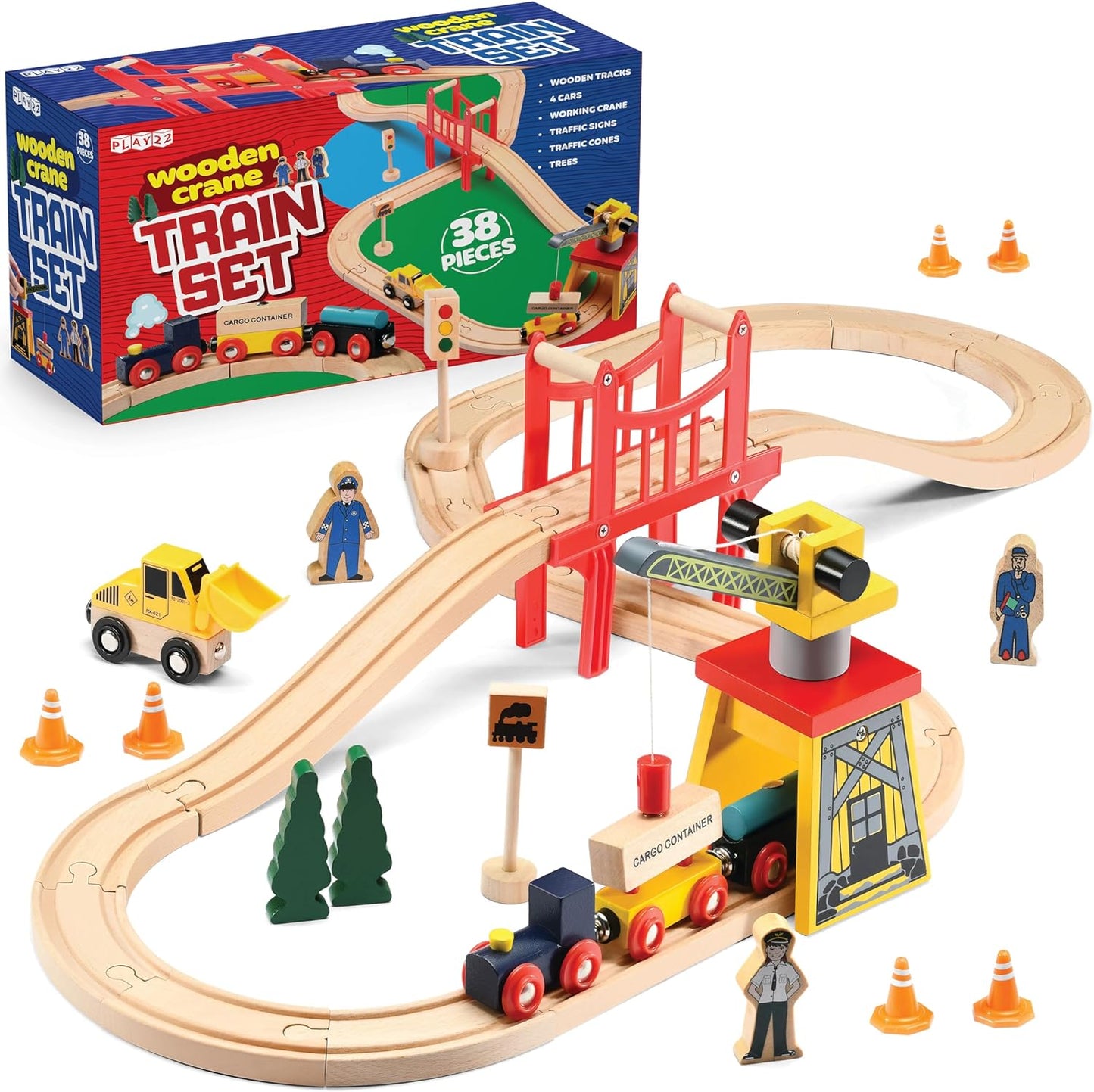 Wooden Train Set Toddler Toys - 38 Pcs Wood Train Track Set for Toddlers 2-4 Years with Crane, Bridge & Accessories - Compatible with All Major Brands