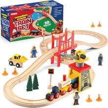 Load image into Gallery viewer, Wooden Train Set Toddler Toys - 38 Pcs Wood Train Track Set for Toddlers 2-4 Years with Crane, Bridge &amp; Accessories - Compatible with All Major Brands
