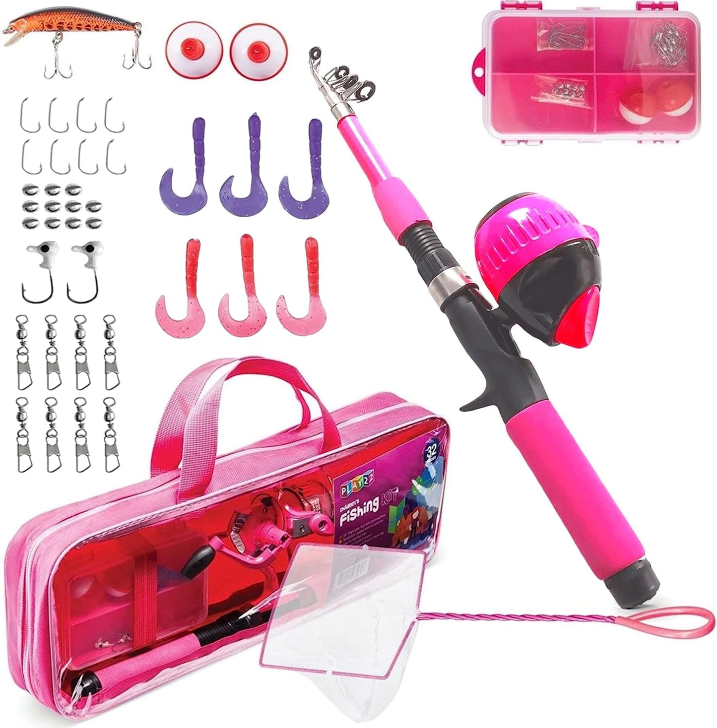 Kids Fishing Pole Pink - 40 Pc Kids Fishing Rod and Reel Combos - Fishing Poles for Youth Kids includes Fishing Tackle, Fishing Gear, Fishing Lures, Net, Carry On Bag, Fully Fishing Equipment