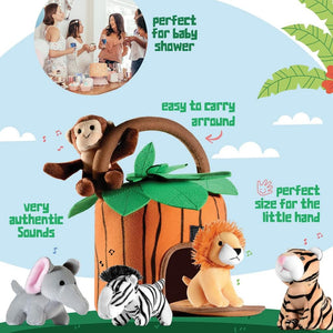 Play22 Plush Talking Stuffed Animals Jungle Set - Plush Toys Set with Carrier for Kids Babies & Toddlers - 6 Piece Set Baby Stuffed Animals Includes Stuffed Bear, Elephant, Tiger, Lion, Zebra, Monkey