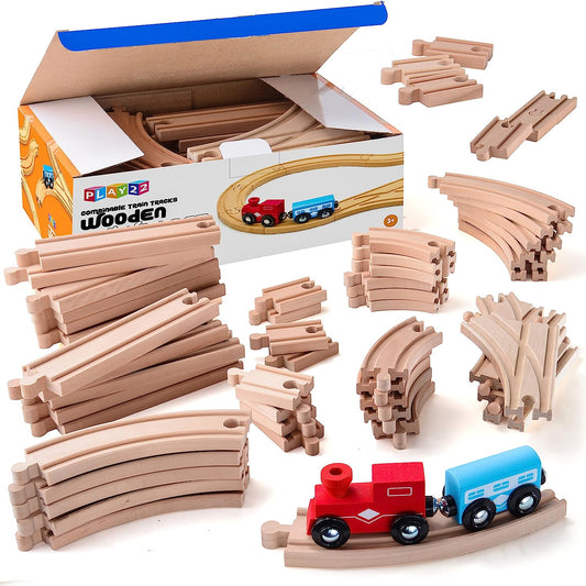 Wooden Train Tracks - 52 PCS Wooden Train Set + 2 Bonus Toy Trains - Train Sets For Kids - Car Train Toys Is Compatible With Thomas Wooden Railway Systems and All Major Brands - Original - By Play22™