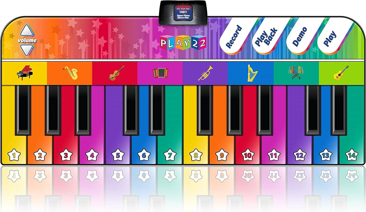 Floor Piano Mat for Toddlers - Giant Piano Playmat, 24 Keys, 8 Musical Instruments, Adjustable Vol, Built in Songs, Record & Playback - Best Musical Toy Gift for Boys & Girls Ages 3-10