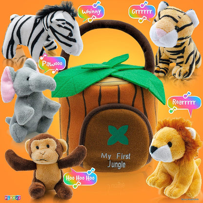 Play22 Plush Talking Stuffed Animals Jungle Set - Plush Toys Set with Carrier for Kids Babies & Toddlers - 6 Piece Set Baby Stuffed Animals Includes Stuffed Bear, Elephant, Tiger, Lion, Zebra, Monkey