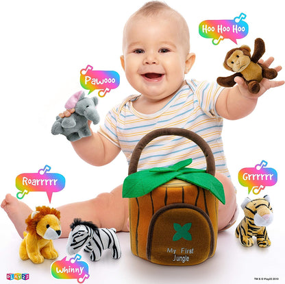 Play22 Plush Talking Stuffed Animals Jungle Set - Plush Toys Set with Carrier for Kids Babies & Toddlers - 6 Piece Set Baby Stuffed Animals Includes Stuffed Bear, Elephant, Tiger, Lion, Zebra, Monkey