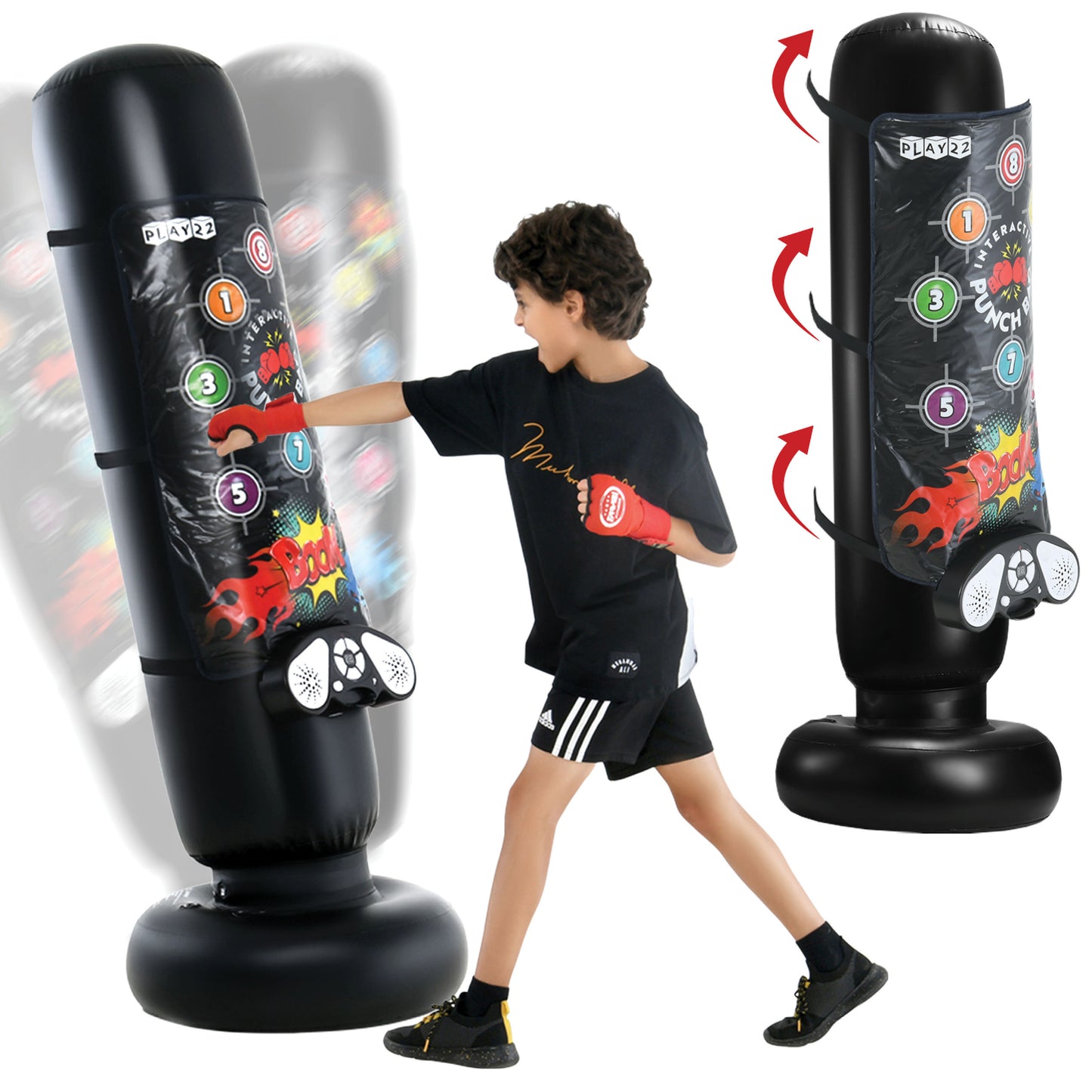 Play22 Boxing Bag Interactive Punching Bag for Kids - with Electronic Kick Pad - Kickboxing Bag with Wireless Music, 8 Different Sounds, 4 Modes, LED Scoreboard, Volume Control, Fillable Base