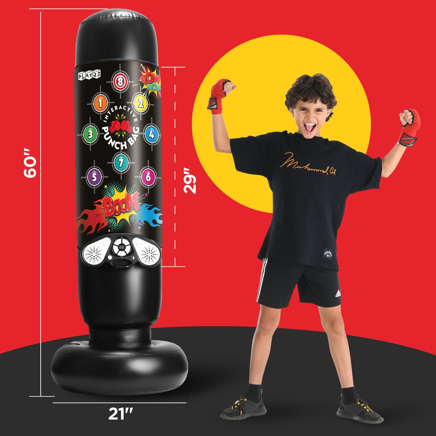 Play22 Boxing Bag Interactive Punching Bag for Kids - with Electronic Kick Pad - Kickboxing Bag with Wireless Music, 8 Different Sounds, 4 Modes, LED Scoreboard, Volume Control, Fillable Base