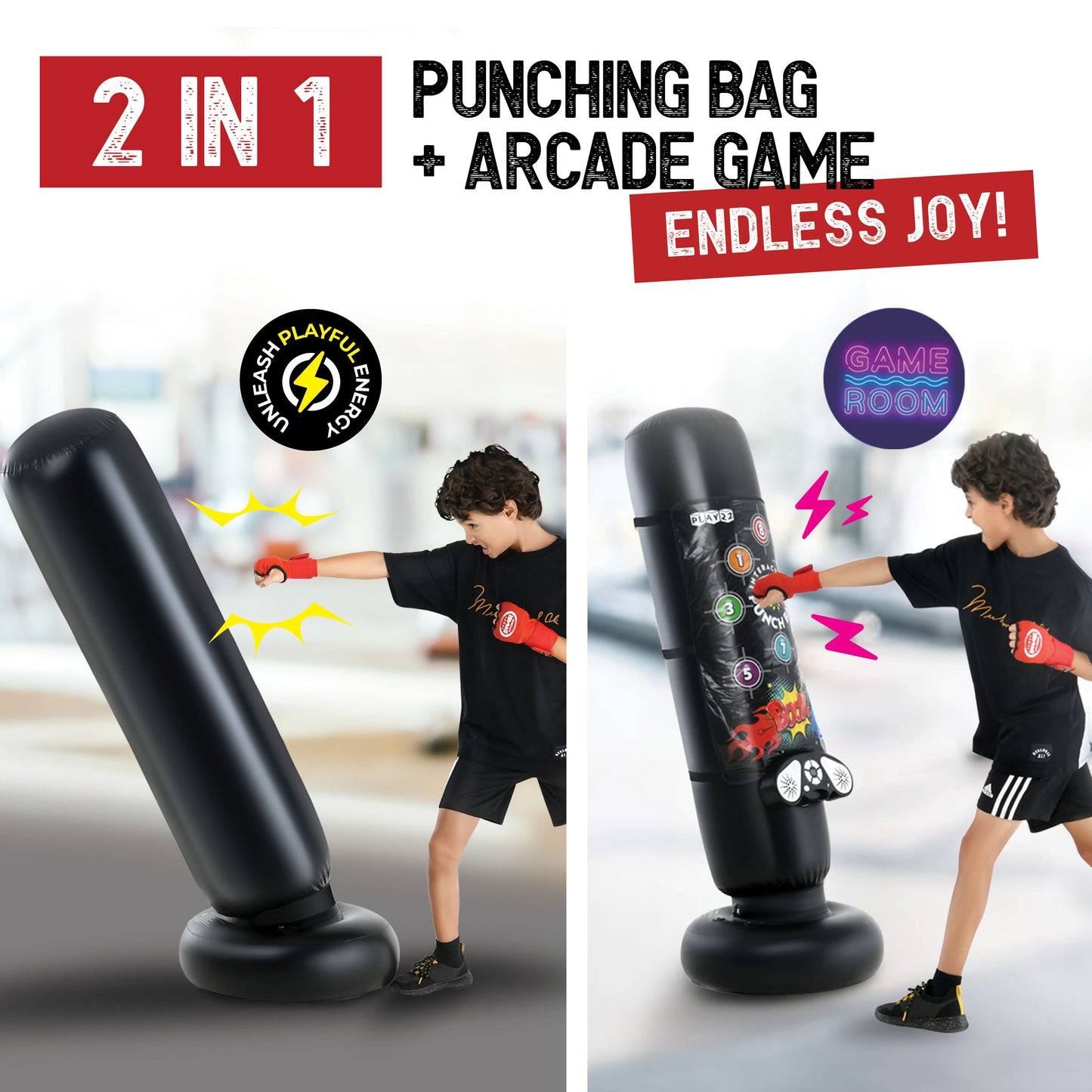 Play22 Boxing Bag Interactive Punching Bag for Kids - with Electronic Kick Pad - Kickboxing Bag with Wireless Music, 8 Different Sounds, 4 Modes, LED Scoreboard, Volume Control, Fillable Base