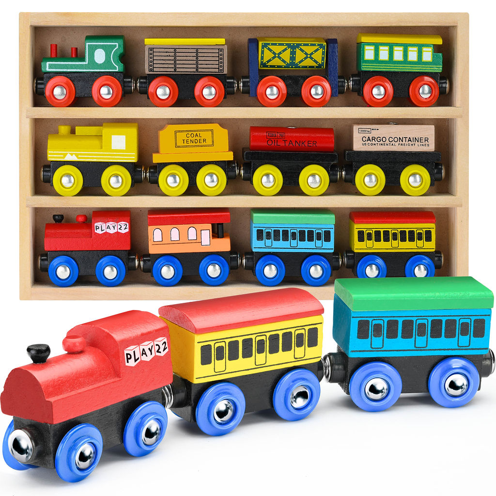 Wooden Train Set 12 PCS - Train Toys Magnetic Set Includes 3 Engines - Toy Train Sets For Kids Toddler Boys And Girls - Compatible With Thomas Train Set Tracks And Major Brands - Original - By Play22™