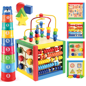 Activity Cube With Bead Maze - 5 in 1 Baby Activity Cube Includes Shape Sorter, Abacus Counting Beads, Counting Numbers, Sliding Shapes, Removable Bead Maze - My First Baby Toys - Original - By Play22
