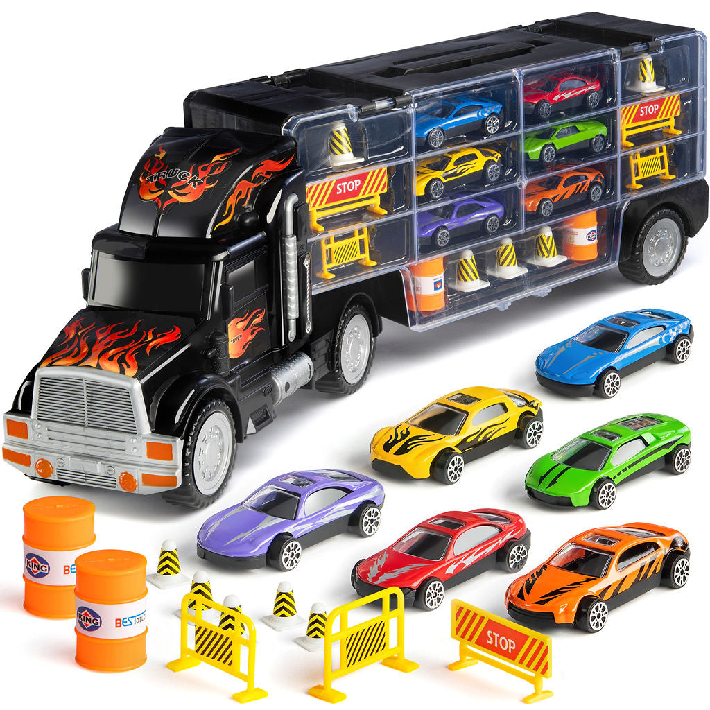 Toy Truck Transport Car Carrier - Toy truck Includes 6 Toy Cars and Accessories - Toy Trucks Fits 28 Toy Car Slots - Great car toys Gift For Boys and Girls - Original - By Play22 ™