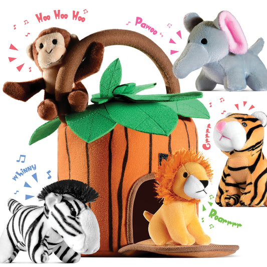 Play22 Plush Talking Stuffed Animals Jungle Set - Plush Toys Set with Carrier for Kids Babies & Toddlers - 6 Piece Set Baby Stuffed Animals Includes Stuffed Bear, Elephant, Tiger, Lion, Zebra, Monkey