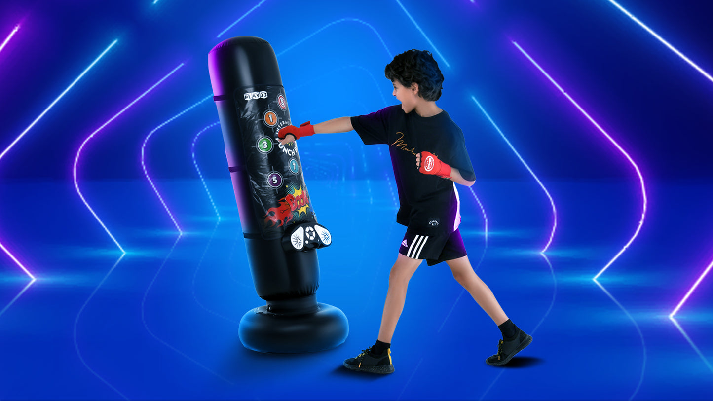 Play22 Boxing Bag Interactive Punching Bag for Kids - with Electronic Kick Pad - Kickboxing Bag with Wireless Music, 8 Different Sounds, 4 Modes, LED Scoreboard, Volume Control, Fillable Base