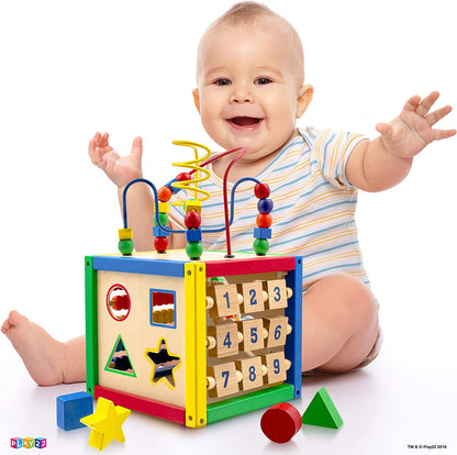 Activity Cube With Bead Maze - 5 in 1 Baby Activity Cube Includes Shape Sorter, Abacus Counting Beads, Counting Numbers, Sliding Shapes, Removable Bead Maze - My First Baby Toys - Original - By Play22