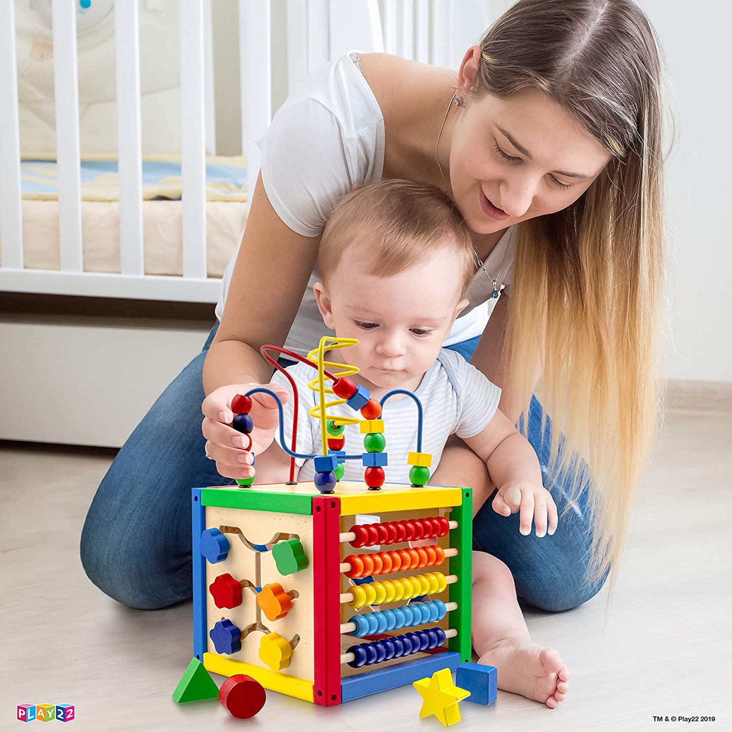 Activity Cube With Bead Maze - 5 in 1 Baby Activity Cube Includes Shape Sorter, Abacus Counting Beads, Counting Numbers, Sliding Shapes, Removable Bead Maze - My First Baby Toys - Original - By Play22