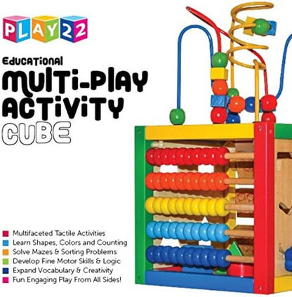 Activity Cube With Bead Maze - 5 in 1 Baby Activity Cube Includes Shape Sorter, Abacus Counting Beads, Counting Numbers, Sliding Shapes, Removable Bead Maze - My First Baby Toys - Original - By Play22