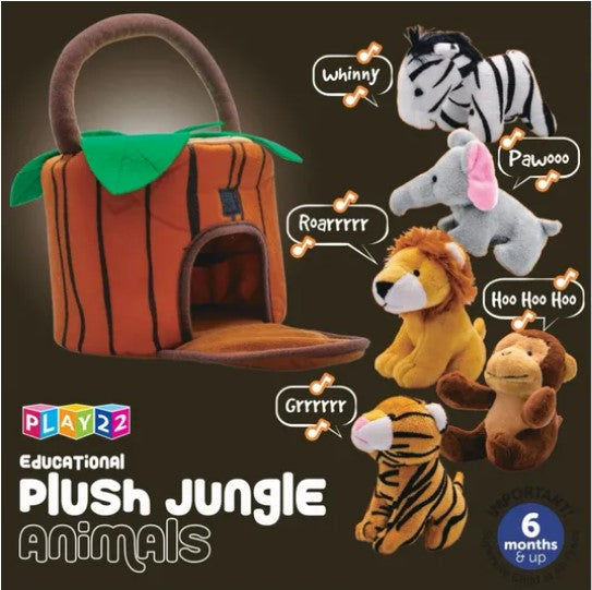 Play22 Plush Talking Stuffed Animals Jungle Set - Plush Toys Set with Carrier for Kids Babies & Toddlers - 6 Piece Set Baby Stuffed Animals Includes Stuffed Bear, Elephant, Tiger, Lion, Zebra, Monkey