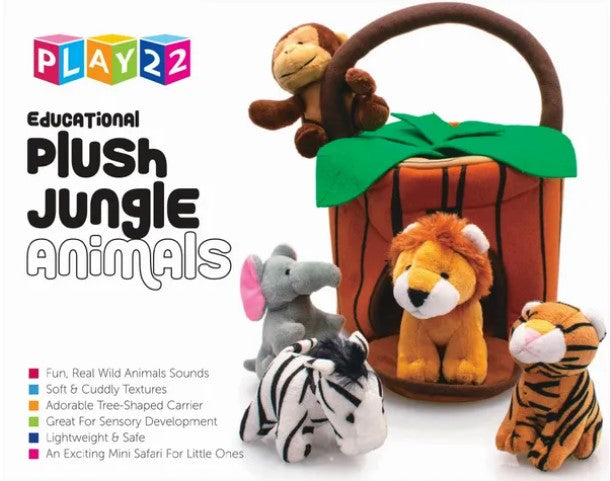 Play22 Plush Talking Stuffed Animals Jungle Set - Plush Toys Set with Carrier for Kids Babies & Toddlers - 6 Piece Set Baby Stuffed Animals Includes Stuffed Bear, Elephant, Tiger, Lion, Zebra, Monkey