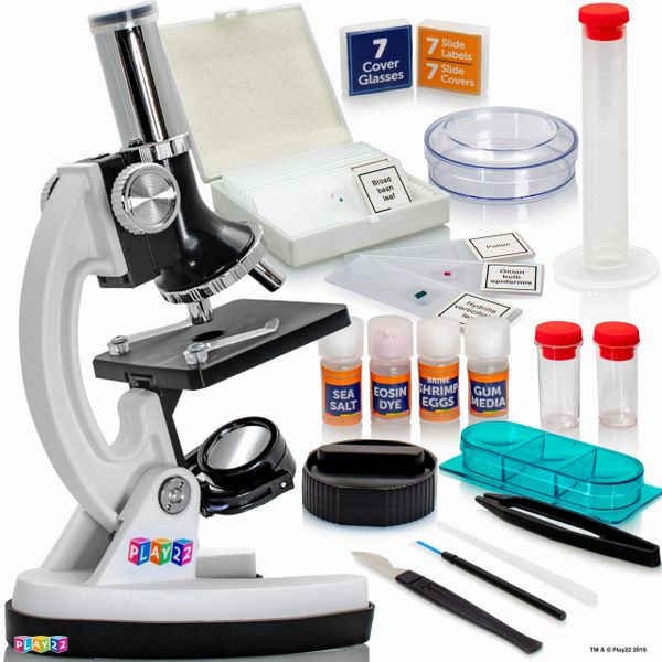 Play22 Microscope for Kids 50 PCS - 120X - 1200X Microscope Slides Specimens - Student Beginner Metal Body Toy Microscope Kit in A Carrying Box - Educational Science Lab Toy Best Gift – Original By Play22USA