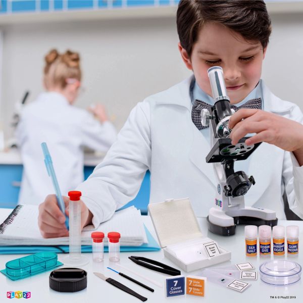 Play22 Microscope for Kids 50 PCS - 120X - 1200X Microscope Slides Specimens - Student Beginner Metal Body Toy Microscope Kit in A Carrying Box - Educational Science Lab Toy Best Gift – Original By Play22USA