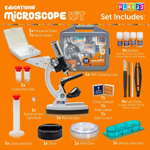 Play22 Microscope for Kids 50 PCS - 120X - 1200X Microscope Slides Specimens - Student Beginner Metal Body Toy Microscope Kit in A Carrying Box - Educational Science Lab Toy Best Gift – Original By Play22USA