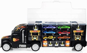 Toy Truck Transport Car Carrier - Toy truck Includes 6 Toy Cars and Accessories - Toy Trucks Fits 28 Toy Car Slots - Great car toys Gift For Boys and Girls - Original - By Play22 ™