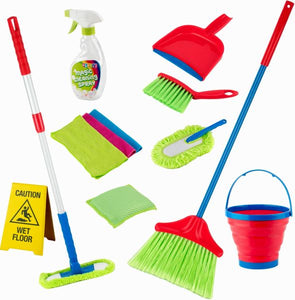 Kids Cleaning Set 12 Piece - Toy Cleaning Set Includes Broom, Mop, Brush, Dust Pan, Duster, Sponge, Clothes, Spray, Bucket, Caution Sign, - Toy Kitchen Toddler Cleaning Set - Original - By Play22™ ©