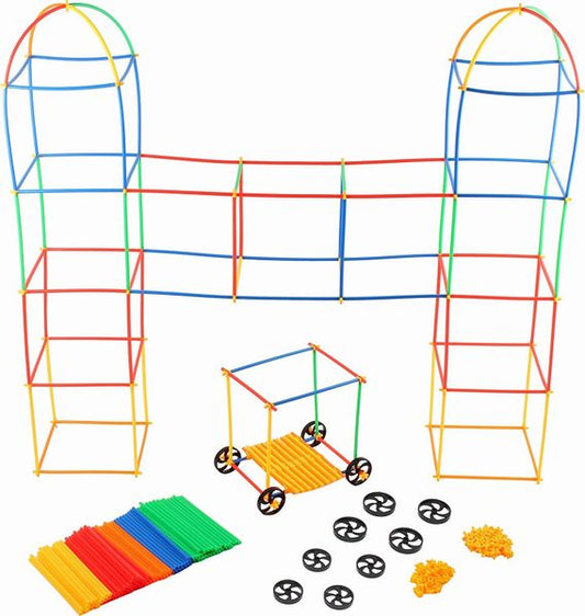 Building Toys For Kids 400 Set Straws and Connector + Wheels - Colorful and Strong Kids Construction Toys With Special Connectors - Great Gift Building Blocks For Boys And Girls - Original - By Play22