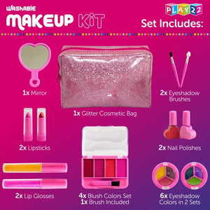 Kids Makeup Kit For Girl - 13 Piece Washable Kids Makeup Set – My First Princess Make Up Kit Includes Blush, Lip Gloss, Eyeshadows, Lipsticks, Brushes, Mirror Cosmetic Bag Best Gift For Girls Original By Play22USA