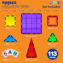 Load image into Gallery viewer, MAGEES™ Magnetic Tiles for Kids - 100 Set Building Blocks - Magnet Toys Building Strongest Magnets - Includes Bonus 13 Piece Insert Alphabet Cards - STEM 3D Magnet Tiles - Original by Play22™
