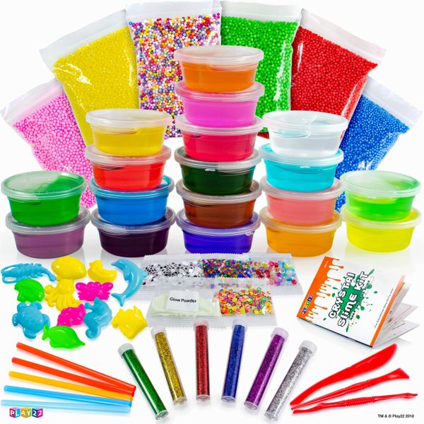 Play22 DIY Slime Kit for Kids - 18 Color Crystal Slime Making Kit, Includes Colorful Foam Balls, Fruit Face, Eyes, Stars, Glitter, Beads, Molds, Straws, Glow in Dark Powder and Much More – Original By Play22USA