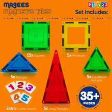 Load image into Gallery viewer, MAGEES Magnetic Building Blocks 35 Set - Magnet Toys Building, Strongest Magnets - Magnetic Tiles Includes Bonus 5 Piece Insert Number Cards - STEM 3D Magnet Tiles - Original Magees - By Play22
